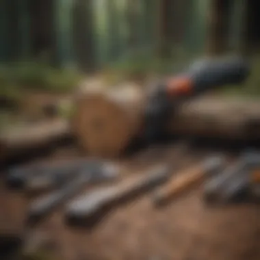 A collection of various stump removal tools laid out on a wooden surface.