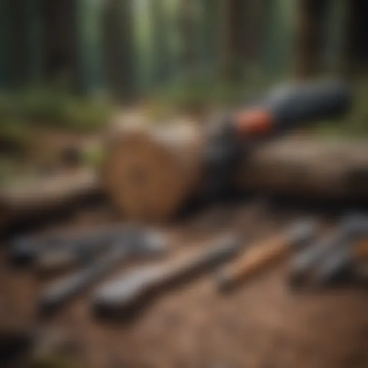 A collection of various stump removal tools laid out on a wooden surface.