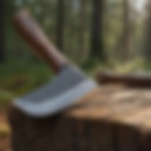 A pristine hatchet resting on a wooden surface, showcasing its sharp edge.