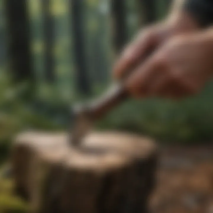 A close-up of a person expertly sharpening a hatchet with a whetstone.