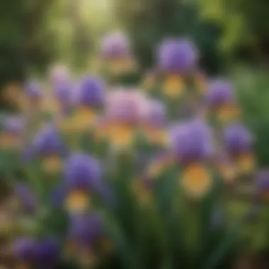 Diverse varieties of bearded iris in a well-organized garden bed