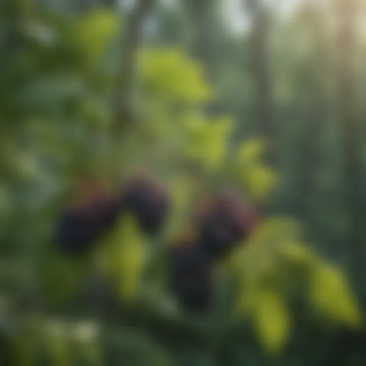 Close-up view of ripe elderberries on a branch