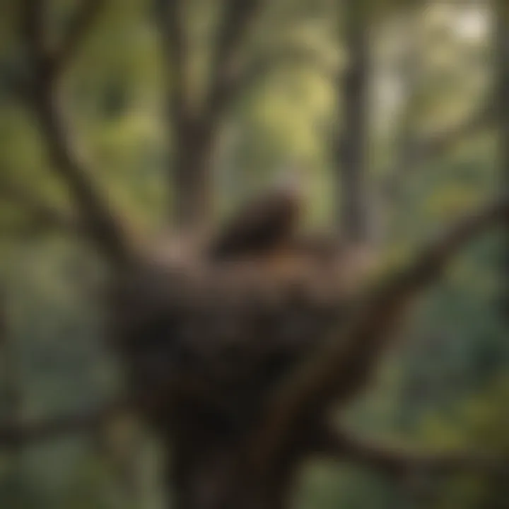 A close-up view of a large eagle nest perched high on a tree branch, showcasing its intricate structure and materials used.