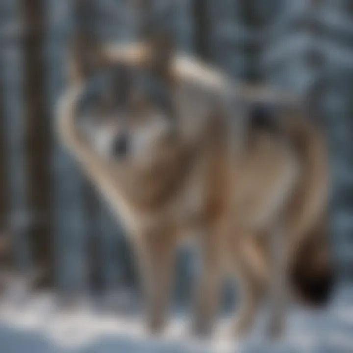 A majestic wolf in a winter landscape.