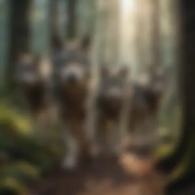 A wolf pack navigating through a dense forest.