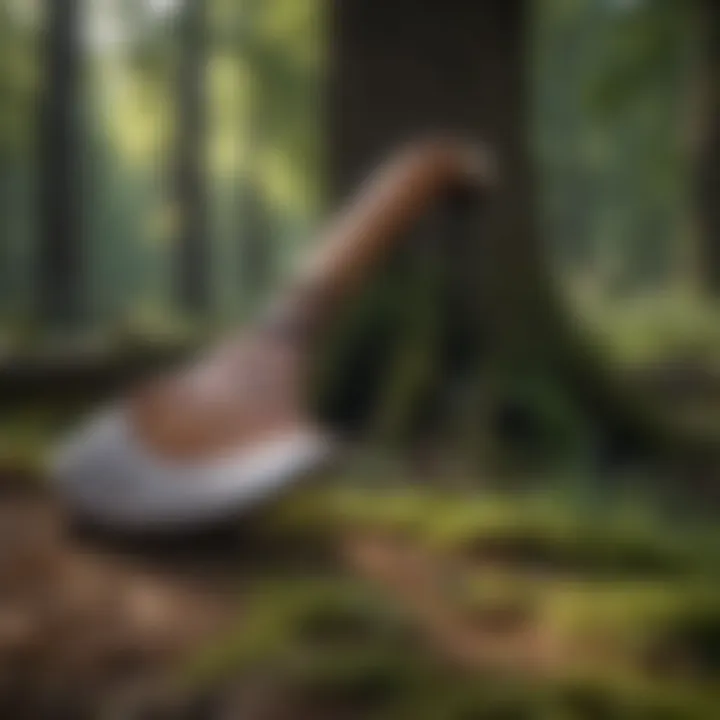 Feller's axe resting against a mature tree in a serene woodland environment