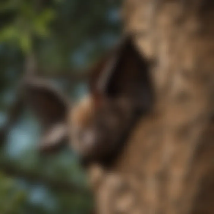 A close-up of a bat roosting in a tree