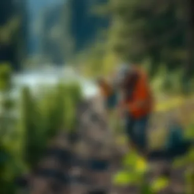 A group of volunteers planting trees along a river