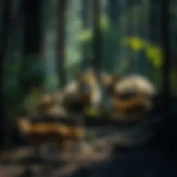 A diverse group of forest animals interacting within their habitat.