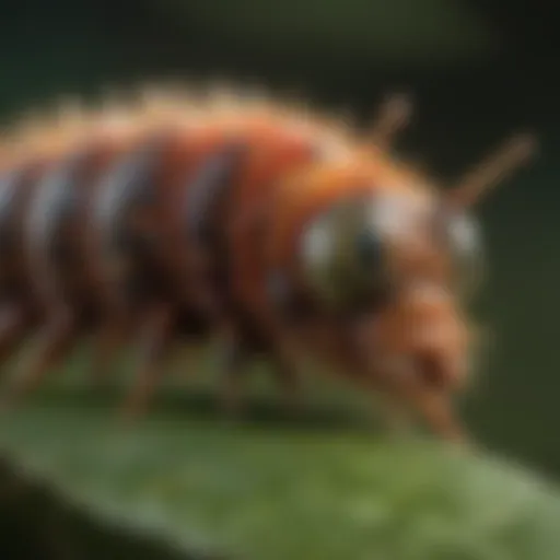 Close-up view of a vibrant looper caterpillar on a leaf