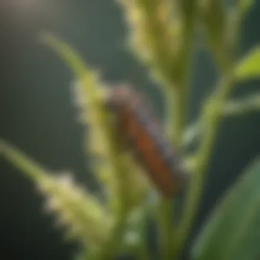 A monarch caterpillar feeding on milkweed, showcasing its lifecycle