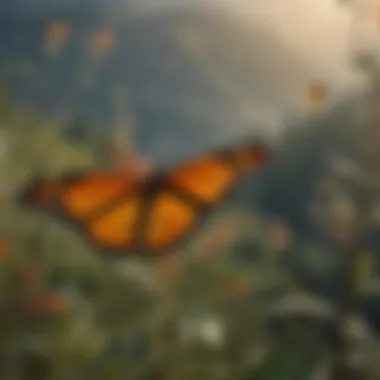 Monarch butterflies in migration soaring over a scenic landscape