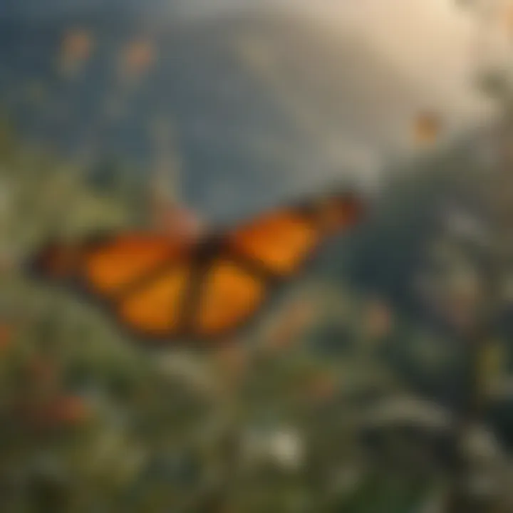 Monarch butterflies in migration soaring over a scenic landscape