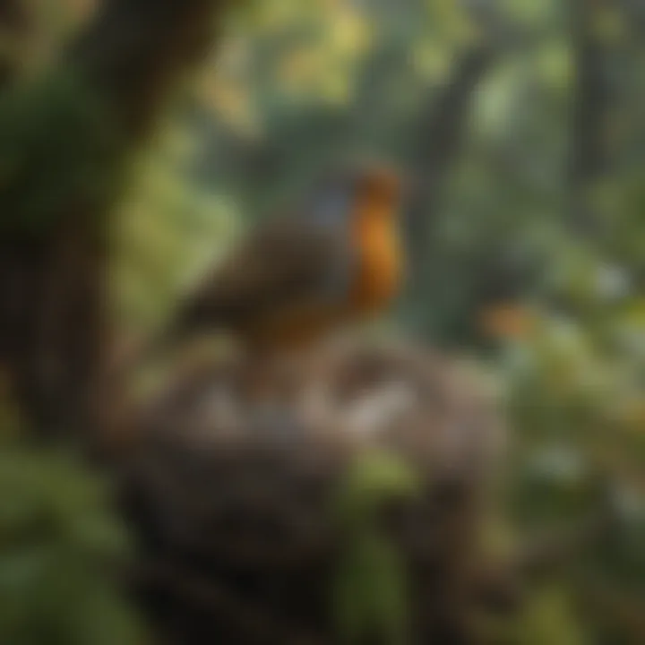 A robin perched on a nest filled with eggs