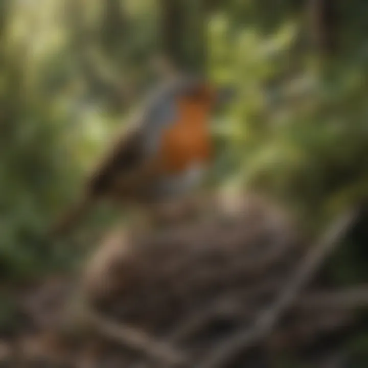 Close-up of a robin collecting materials for nest building