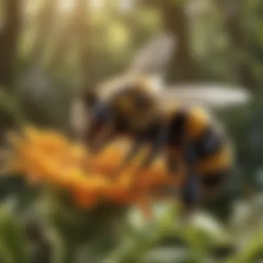 A close-up of a bumble bee collecting nectar from a bloom