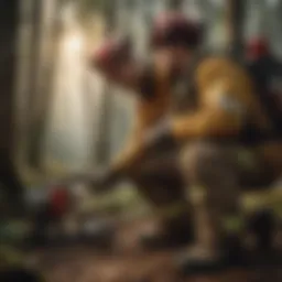 Firefighter inspecting specialized equipment for woodland protection