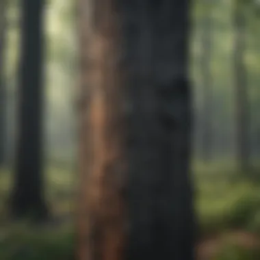 Close-up of charred tree trunks post-lightning strike, showcasing nature's resilience