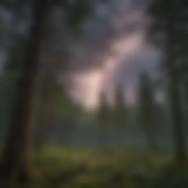 Lightning Bolt Illuminating Forest Canopy A striking visual of a lightning bolt illuminating a dense forest canopy