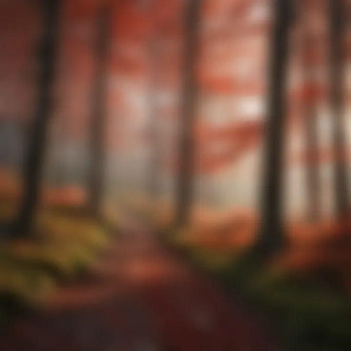 A picturesque woodland scene featuring red-leaved trees