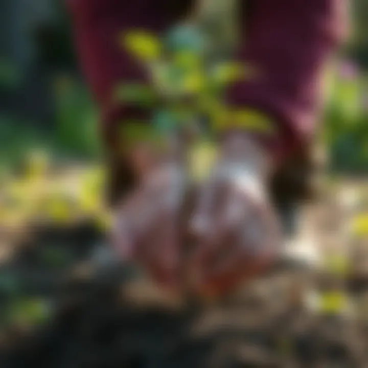 A close-up of a tree being planted as a tribute