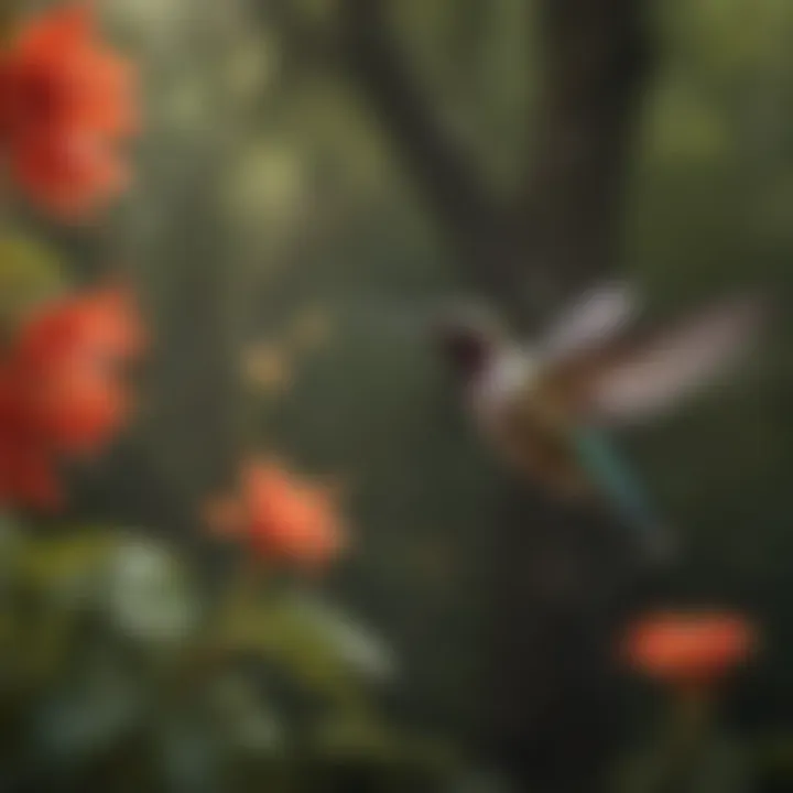 Small hummingbird hovering near a flower