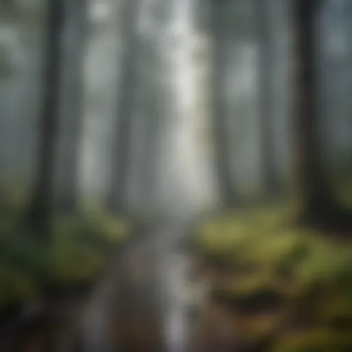 A serene forest landscape with mist enveloping the trees