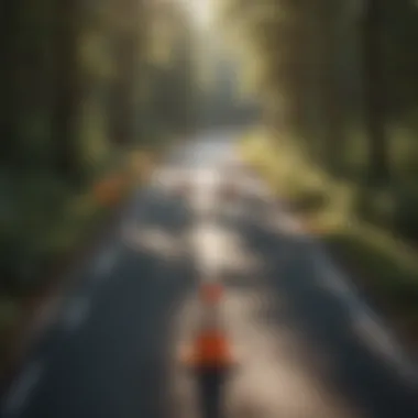 Traffic cones directing flow of traffic in a forested environment