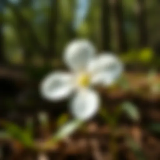 Close-up view of a three petal white flower in a woodland setting