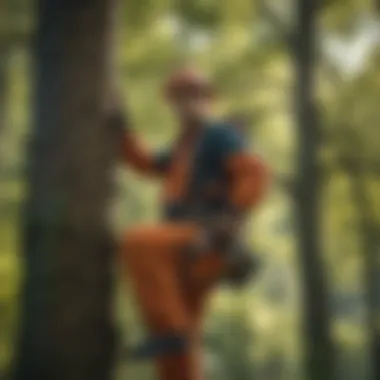 An individual wearing safety gear while trimming tree branches high up