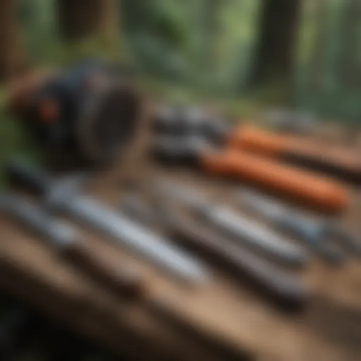 A variety of tree trimming tools laid out on a wooden surface