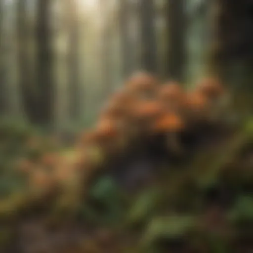 A vibrant collection of wild mushrooms in a lush Oregon forest.