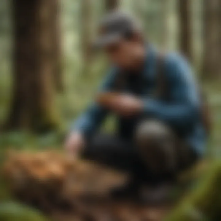 A person examining mushrooms in their natural habitat in Oregon.