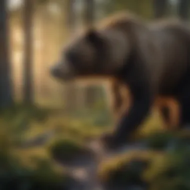 A bear exploring its habitat at sunset