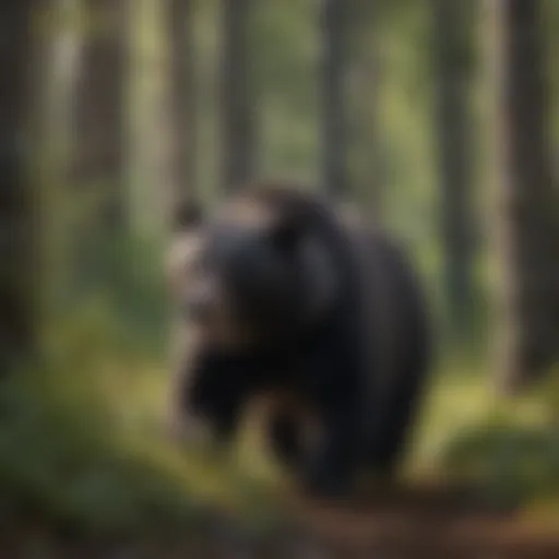 A black bear foraging in a lush forest