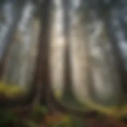 A magnificent coastal redwood tree towering against a backdrop of ocean mist.