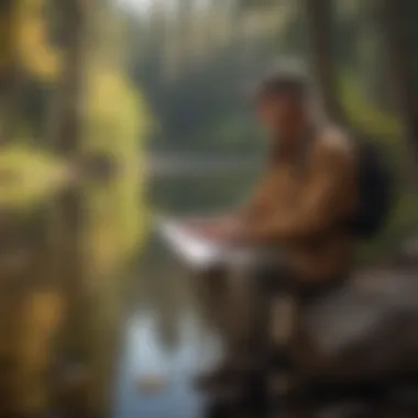 An angler thoughtfully reviewing fishing regulations by the lakeside.