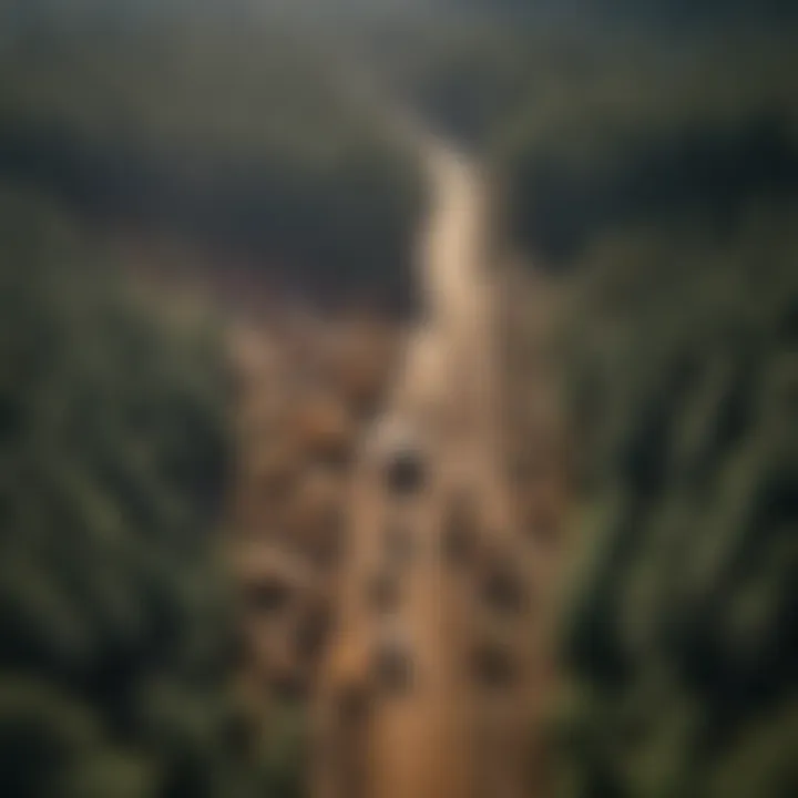 An aerial view of a logging site showcasing various heavy equipment