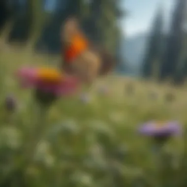 Meadow Diversity and Butterfly Interaction A diverse meadow filled with various plants and butterflies, illustrating habitat diversity