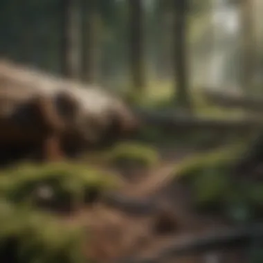 Close-up of a forest floor with fallen logs and natural debris, illustrating natural material movement.