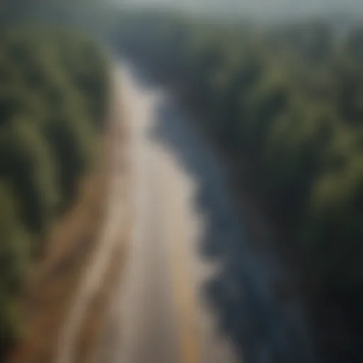 Aerial view of a road showing visible cracks and fissures indicative of road quakes