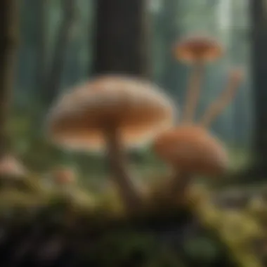Fungal Hyphae and Mushroom Mycelium Interactions Microscopic view of fungal hyphae interacting with mushroom mycelium.