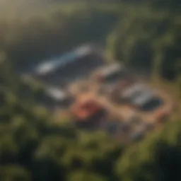 Aerial view of a sawmill facility surrounded by lush forests