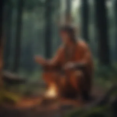 A shaman performing a ritual in a serene forest setting, surrounded by nature.