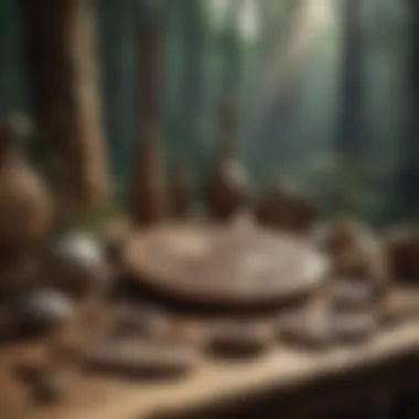 Ancient symbols and instruments used in shamanic practices displayed on a wooden table.