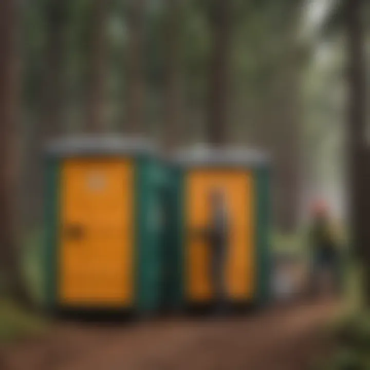 Forestry workers utilizing portable sanitation facilities