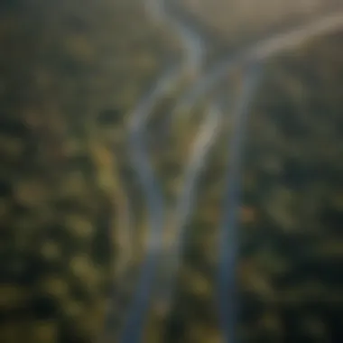 Aerial view of an Urban Air Scenic Highway blending nature with city structures