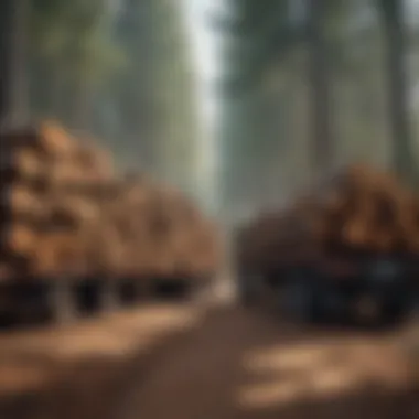 A scenic view of a forestry trail with logs being transported by a trailer