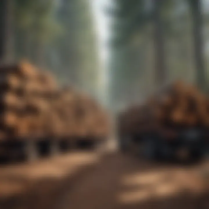 A scenic view of a forestry trail with logs being transported by a trailer