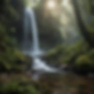 A serene waterfall cascading through a vibrant rainforest